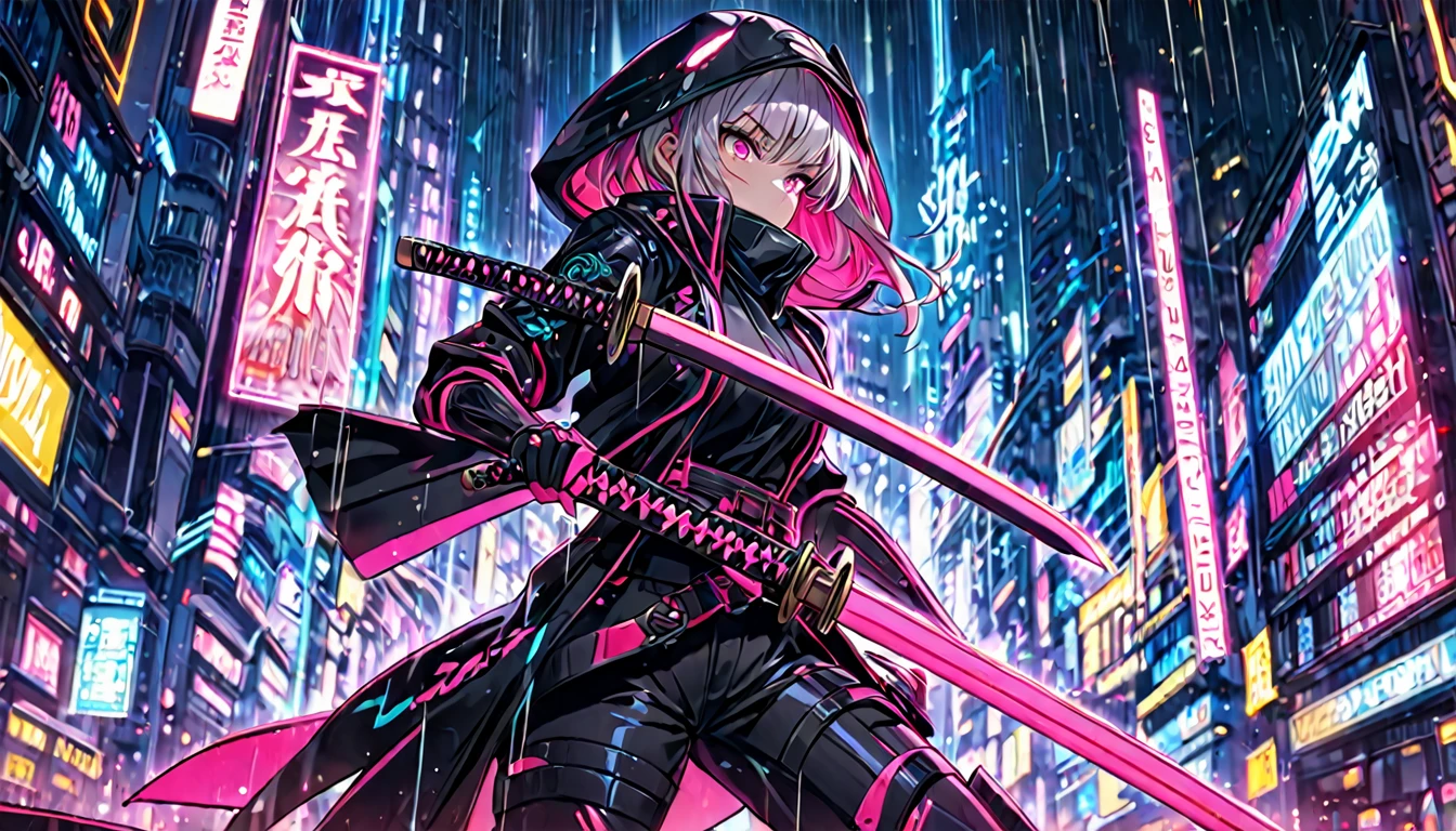 **204. One person。Cyber ninja fighting scene。Neon City。Cowboy shot or close-up。  
masterpiece, best quality, ultra detailed (Detailed fingers), (Emotional), (Breathtakingly beautiful),  
(main part: 1.2 Whole body。), (Anime Style), (Very detailed), (Fast and sharp movements),  
(超High resolution, High resolution), (8k), (High resolution: 1.2), (Complex and beautiful: 1.2)**
- background: Futuristic city with neon lights、City at night with rain。
- Cyber Ninja: Wearing a black suit、Girl with a shining katana。
-pose: While moving at high speed、The moment the katana is swung down on the enemy。
-expression: Calm and focused expression、A ninja&#39;s stance blending into the darkness。
- Effects: The glow of the katana and the neon lights intertwine、An effect that emphasizes sharp movements。
-color: Black and neon pink、The contrast between cyberspace and the night city is striking。

