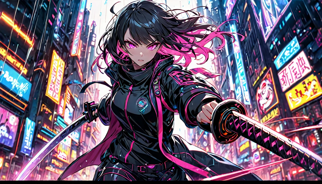 **204. One person。Cyber ninja fighting scene。Neon City。Cowboy shot or close-up。  
masterpiece, best quality, ultra detailed (Detailed fingers), (Emotional), (Breathtakingly beautiful),  
(main part: 1.2 Whole body。), (Anime Style), (Very detailed), (Fast and sharp movements),  
(超High resolution, High resolution), (8k), (High resolution: 1.2), (Complex and beautiful: 1.2)**
- background: Futuristic city with neon lights、City at night with rain。
- Cyber Ninja: Wearing a black suit、Girl with a shining katana。
-pose: While moving at high speed、The moment the katana is swung down on the enemy。
-expression: Calm and focused expression、A ninja&#39;s stance blending into the darkness。
- Effects: The glow of the katana and the neon lights intertwine、An effect that emphasizes sharp movements。
-color: Black and neon pink、The contrast between cyberspace and the night city is striking。
