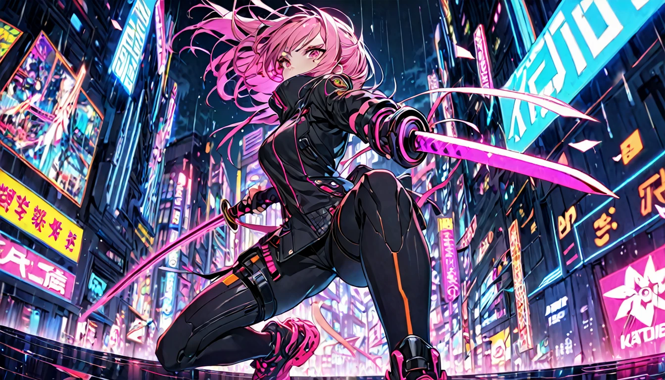 **204. One person。Cyber ninja fighting scene。Neon City。Cowboy shot or close-up。
masterpiece, best quality, ultra detailed (Detailed fingers), (Emotional), (Breathtakingly beautiful),
(main part: 1.2 Whole body。), (Anime Style), (Very detailed), (Fast and sharp movements),
(超High resolution, High resolution), (8k), (High resolution: 1.2), (Complex and beautiful: 1.2)**
- background: Futuristic city with neon lights、City at night with rain。
- Cyber Ninja: Wearing a black suit、Girl with a shining katana。
-pose: While moving at high speed、The moment the katana is swung down on the enemy。
-expression: Calm and focused expression、A ninja's stance blending into the darkness。
- Effects: The glow of the katana and the neon lights intertwine、An effect that emphasizes sharp movements。
-color: Black and neon pink、The contrast between cyberspace and the night city is striking。