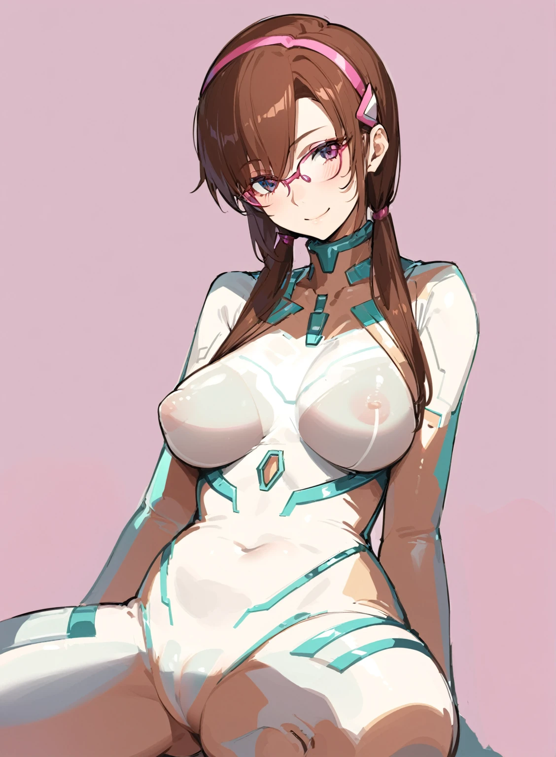 (Shiny),(Highest quality),(8k),See-through crotch area,Transparent Mansuji,Shape of the crotch area,Nihil,pink rimmed glasses,Shiny股間部,Shiny太腿,smile,Shiny bodysuit,Shinyシースルーボディスーツ,Latex suit,Beige chest,Transparent see-through chest,beige sheer crotch,Pink accents,Dark beige bodysuit,Brown Hair,Pink accessories,An anime girl with large breasts sitting on a chair with her chest exposed, Biomechanical Boobs, BoobsCyberpunk, White color see-through Asuka suit!, Makinami, High resolution consignment,