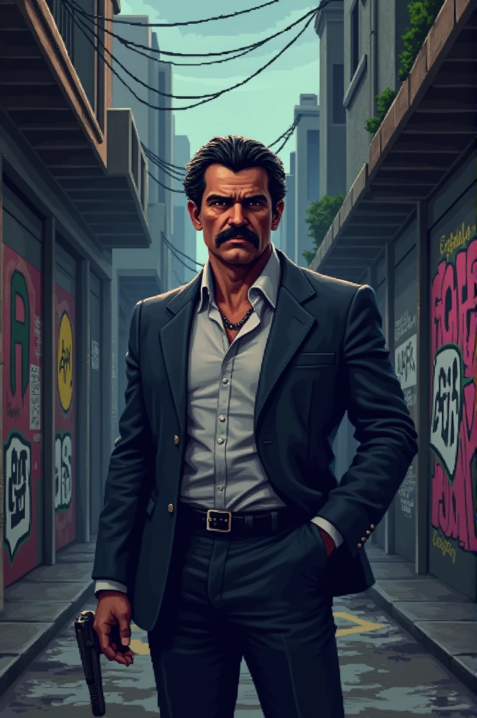 A pixel art for a video game character of Pablo Escobar