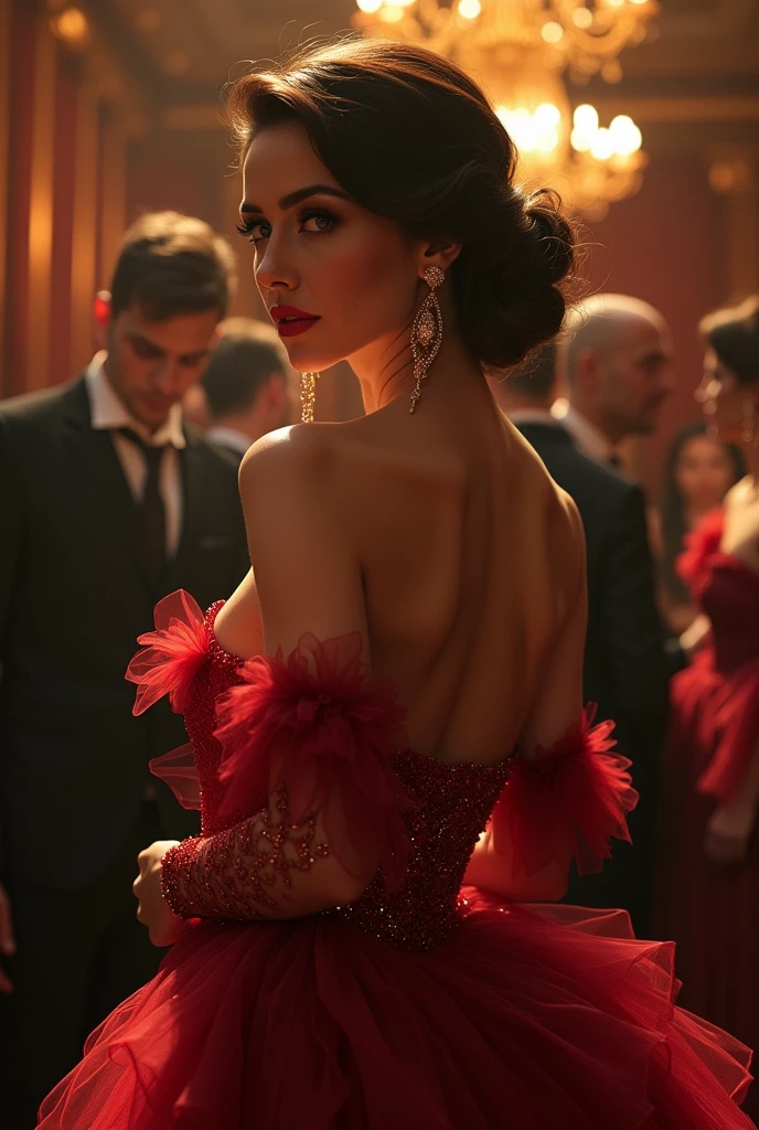 (Michelle Mercier as Angelique), medium shot.masterpiece, in a glamorous ballroom scene, in a stunning dress, high resolution illustration, perfect body, high contrast, digital art is trending on Art-station, ultra-detailed skin texture, hyperrealistic текстура кожи, 16 thousand., uhd, SLR camera, RAW, ultra high resolution.photorealistic, sharp re, rich colors, hyperrealistic, realistic texture, dramatic lighting, unrealengine trending on art-station, film studio 800, by Wlop