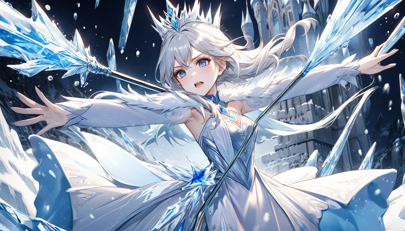 **206. One person。Ice queen fight scene。Kingdom of Ice and Snow。Cowboy shot or close-up。
masterpiece, best quality, ultra detailed (Detailed fingers), (Emotional), (Breathtakingly beautiful),
(main part: 1.2 Whole body。), (Anime Style), (Very detailed), (Manipulate the power of ice),
(超High resolution, High resolution), (8k), (High resolution: 1.2), (Complex and beautiful: 1.2)**
- background: Frozen Ice Castle、A kingdom of snow-covered ice。
- Ice Queen: Wearing a silver dress、Girl holding an ice stick。
-pose: The moment when the enemy is frozen with ice power、Waving a cane。
-expression: Cold and sharp gaze、Manipulate the power of ice威厳。
- Effects: Ice crystals shot from the ice wand danced in the air.、Freezing effect。
-color: Cold colors of blue and white、Contrasts that emphasize the icy world。