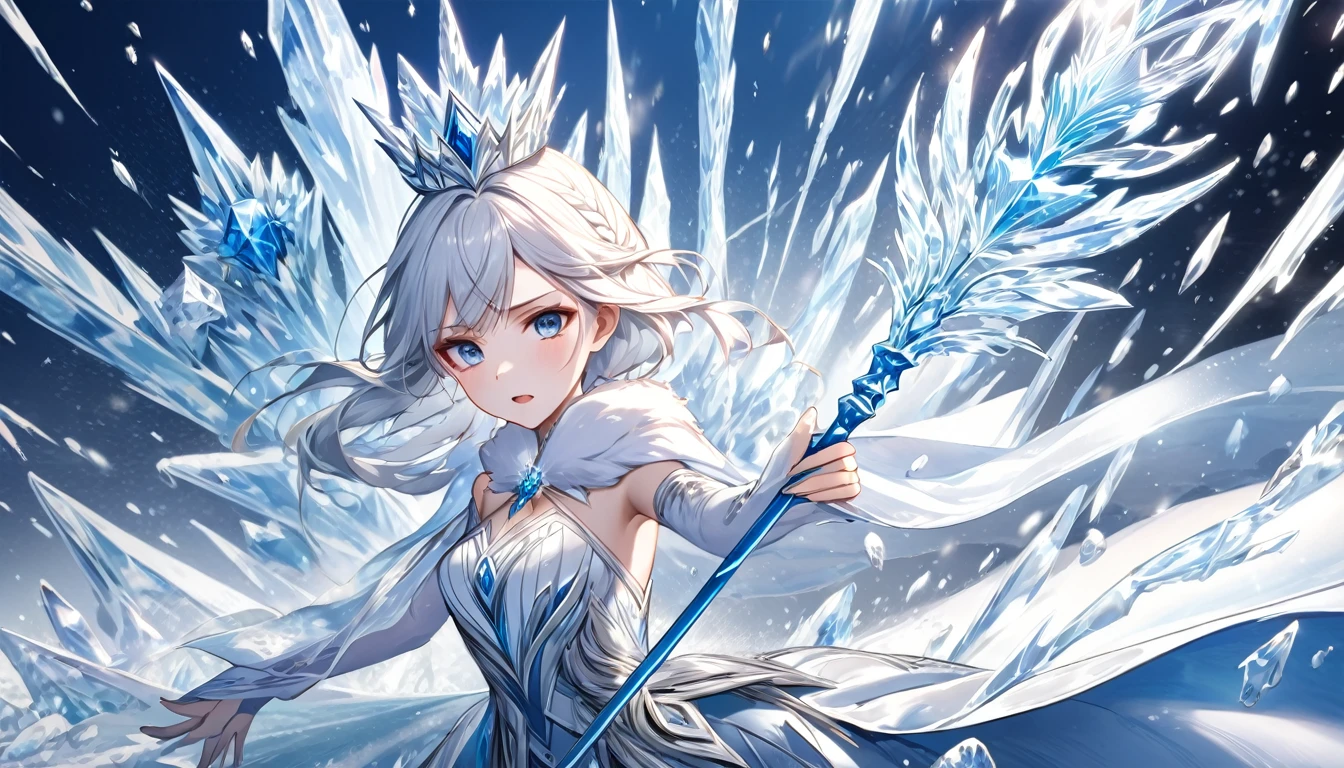 **206. One person。Ice queen fight scene。Kingdom of Ice and Snow。Cowboy shot or close-up。
masterpiece, best quality, ultra detailed (Detailed fingers), (Emotional), (Breathtakingly beautiful),
(main part: 1.2 Whole body。), (Anime Style), (Very detailed), (Manipulate the power of ice),
(超High resolution, High resolution), (8k), (High resolution: 1.2), (Complex and beautiful: 1.2)**
- background: Frozen Ice Castle、A kingdom of snow-covered ice。
- Ice Queen: Wearing a silver dress、Girl holding an ice stick。
-pose: The moment when the enemy is frozen with ice power、Waving a cane。
-expression: Cold and sharp gaze、Manipulate the power of ice威厳。
- Effects: Ice crystals shot from the ice wand danced in the air.、Freezing effect。
-color: Cold colors of blue and white、Contrasts that emphasize the icy world。