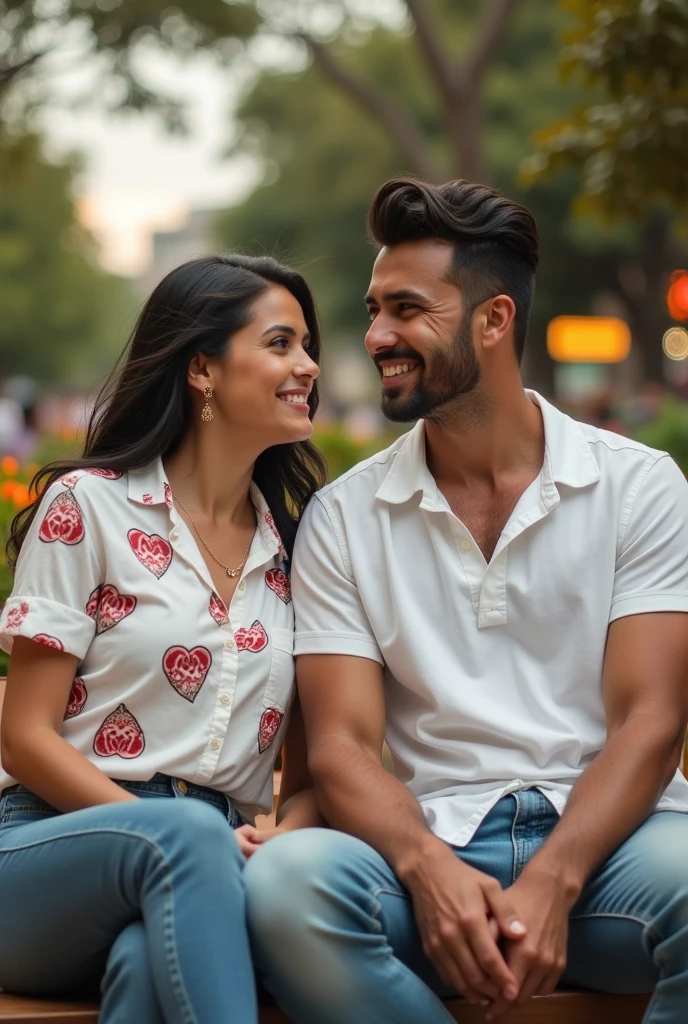 A Brazilian woman, 30years, slicked black hair, white, wearing a shirt with a heart print ,with jeans, sitting in a flowery square with her husband, vestindo camiseta white, passionate personality