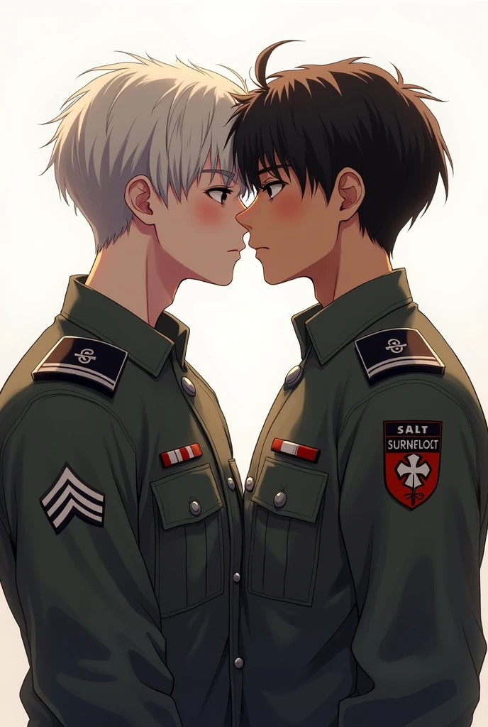 A realistic style image with two boys of about  or 18 yeOne of them is white and the other is black, hair of both military style, both dressed as army soldiers. They will be close to each other, almost kissing, and the background should be white, without any other details.