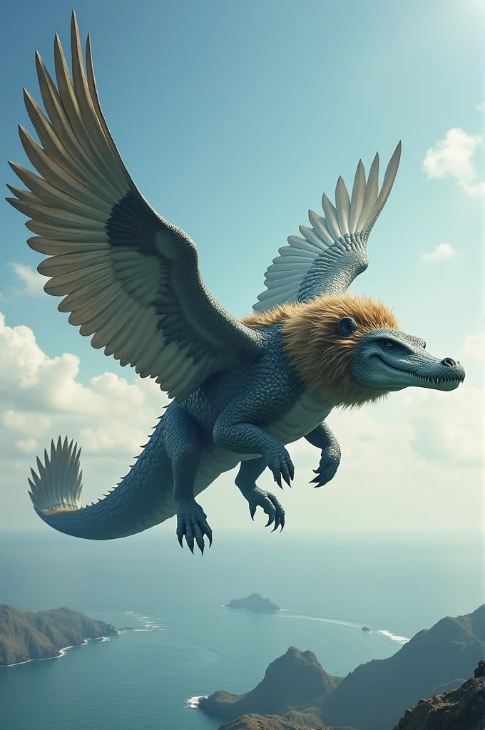 Make a whale with the body of an alligator, the head of a lion and the wings of a hawk