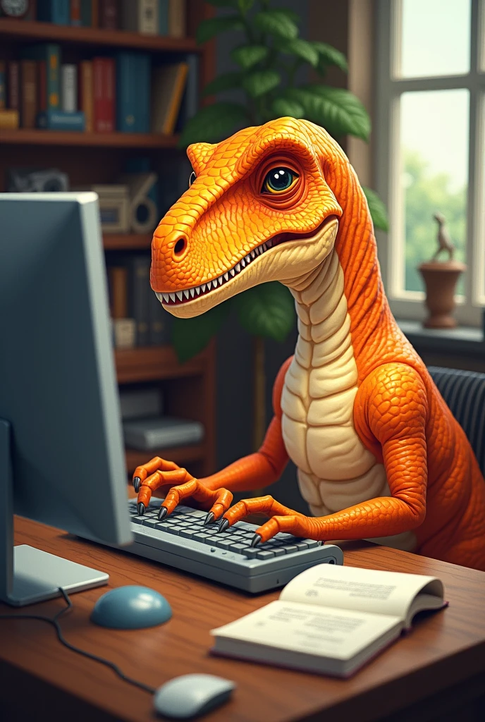 Drawing of an orange Velociraptor using a computer at home