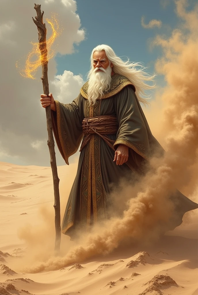 White haired wizard controlling desert sand