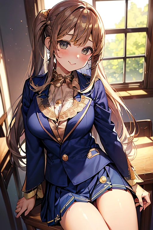 nsfw、Professional Lighting、angle、Cowboy Shots、Sit down、Schoolで、Chair、stylish、One girl、Captivating smile、blush、(Open your mouth: 0.8)、Green Eyes、look、Viewer、Brown Hair、Long Hair、Twin tails、Curvy、Medium breast、((Navy Blue Blazer:1.8))、(White long sleeve blouse:1.4、Lace collar、Gold Button、胸ポケットのSchoolエンブレム、Navy and white checked pleated skirt:1.5)、またがりChair(No underwear:1.5)、(Pussy、clitoris:1.2)、(indoor:1.2)、School、classroom、SchoolのChair、Schoolの机、blackboard、window、(masterpiece、Super fine、Highest quality:1.5)、(High resolution:1.5)、(beautiful、Cute Face、beautiful詳細な目:1.3)、Glowing Skin、Shiny Hair、