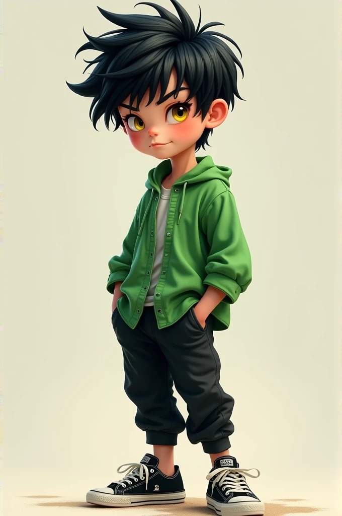 a boy with black hair, yellow eyes, green shirt black pants, Star brand sneakers 