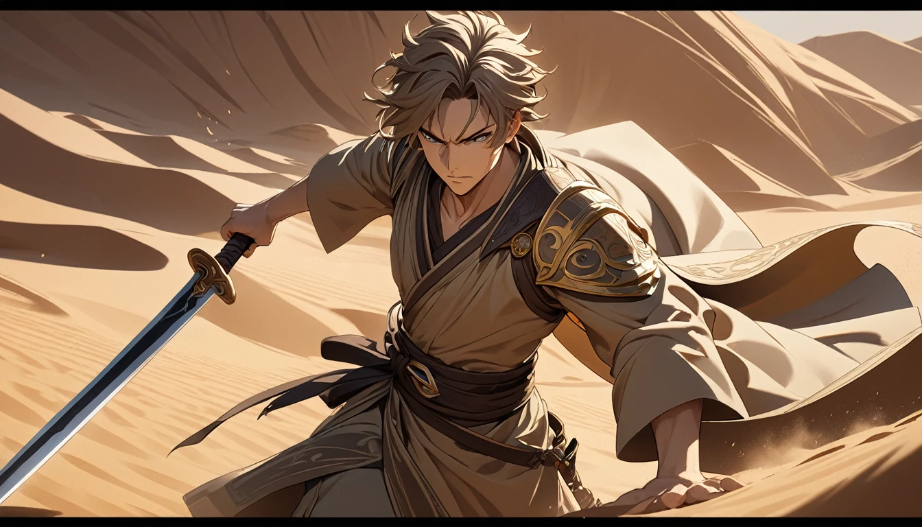 **209. One person。Desert Swordsman fight scene。Kingdom of Sand and Wind。Cowboy shot or close-up。
masterpiece, best quality, ultra detailed (Detailed fingers), (Emotional), (Breathtakingly beautiful),
(main part: 1.2 Whole body。), (Anime Style), (Very detailed), (Controlling the power of sand),
(超High resolution, High resolution), (8k), (High resolution: 1.2), (Complex and beautiful: 1.2)**
- background: Vast desert、A kingdom in a wind-swept sandstorm。
- Desert Swordsman: Wearing light fabric、A girl with a sword that holds the power of sand。
-pose: Brandishing a sword in the sandstorm、The moment he unleashes a blade of sand at the enemy。
-expression: A strong will and a concentrated expression、Facing the harshness of the desert。
- Effects: The blade of sand that was released from the sword danced with the wind.、Enemy wrap effect。
-color: Gold and brown desert colors、Contrast that emphasizes the power of wind and sand。