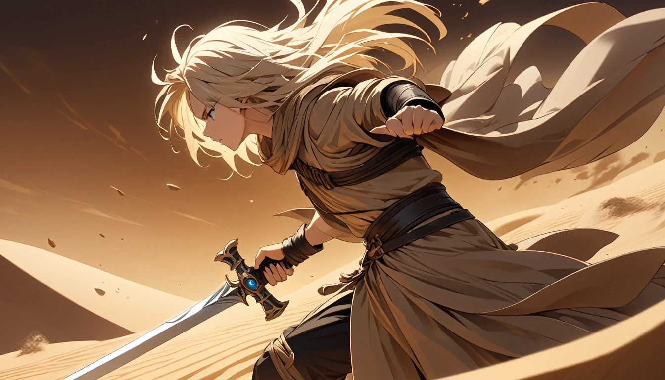 **209. One person。Desert Swordsman fight scene。Kingdom of Sand and Wind。Cowboy shot or close-up。  
masterpiece, best quality, ultra detailed (Detailed fingers), (Emotional), (Breathtakingly beautiful),  
(main part: 1.2 Whole body。), (Anime Style), (Very detailed), (Controlling the power of sand),  
(超High resolution, High resolution), (8k), (High resolution: 1.2), (Complex and beautiful: 1.2)**
- background: Vast desert、A kingdom in a wind-swept sandstorm。
- Desert Swordsman: Wearing light fabric、A girl with a sword that holds the power of sand。
-pose: Brandishing a sword in the sandstorm、The moment he unleashes a blade of sand at the enemy。
-expression: A strong will and a concentrated expression、Facing the harshness of the desert。
- Effects: The blade of sand that was released from the sword danced with the wind.、Enemy wrap effect。
-color: Gold and brown desert colors、Contrast that emphasizes the power of wind and sand。
