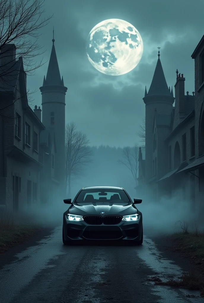 black BMW, castles, high definition antiques, dark theme, nostalgic, forlorn, ghost town, moon with skulls and fog