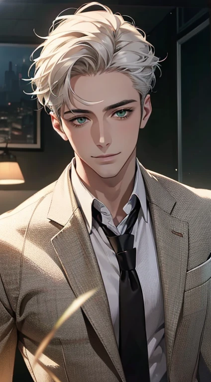(Highest quality,4K,8K,High resolution,masterpiece:1.2),Super detailed,(Realistic,photoRealistic,photo-Realistic:1.37),1 person,34 years old,Mature Men,Beautiful skin、very handsome,Expressionless smile in love,Short white hair,green eyes,Sharp Eyes,A perfect face without a doubt,Businessman, CEO, Office Background,Cinema Lighting,HDR image,tie、