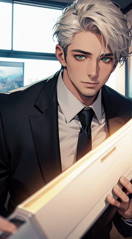 (Highest quality,4K,8K,High resolution,masterpiece:1.2),Super detailed,(Realistic,photoRealistic,photo-Realistic:1.37),1 person,34 years old,Mature Men,Beautiful skin、very handsome,Expressionless smile in love,Short white hair,green eyes,Sharp Eyes,A perfect face without a doubt,Businessman, CEO, Office Background,Cinema Lighting,HDR image,tie、