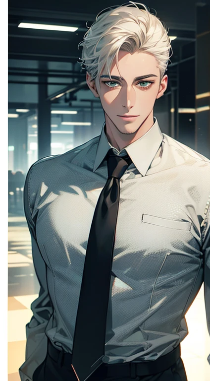 (Highest quality,4K,8K,High resolution,masterpiece:1.2),Super detailed,(Realistic,photoRealistic,photo-Realistic:1.37),1 person,34 years old,Mature Men,Beautiful skin、very handsome,Expressionless smile in love,Short white hair,green eyes,Sharp Eyes,A perfect face without a doubt,Businessman, CEO, Office Background,Cinema Lighting,HDR image,tie、