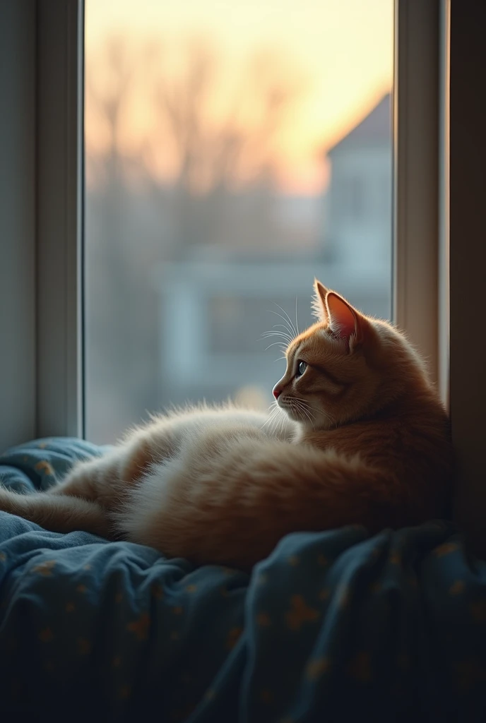 Imagine an anthropomorphic cat alone, lying on a window, observing the outside world with a mixture of curiosity and serenity. As the world spins beyond his reach, this feline finds a moment of peace in his own company. In those moments of calm, the cat teaches us a valuable lesson about loneliness, cinematographic, 8k