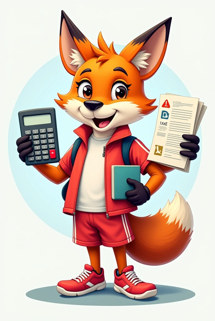 A tax education mascot in the shape of a fox in physical education clothing with papers around it and a calculator as details.