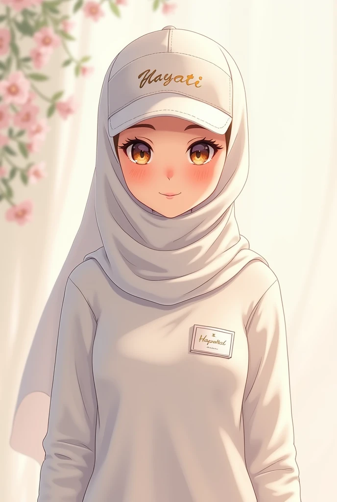 Anime character, Beautiful hijab women wearing white sweater and cap, name tag Hayati, smiling