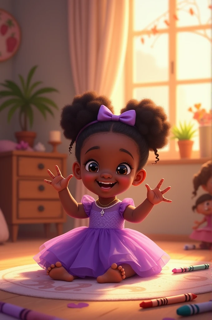 Little black baby sitting smiling celebrating her first birthday in a purple dress drawing