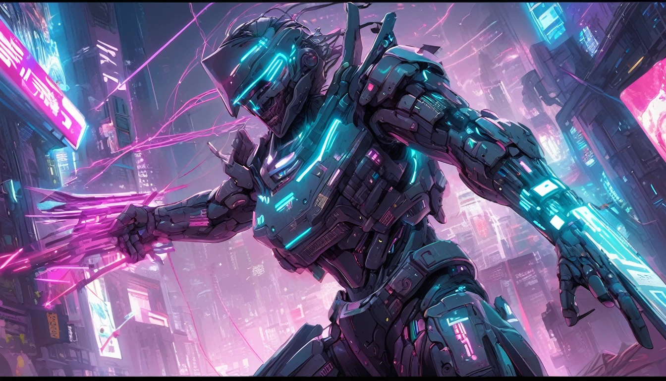 **210. One person。Cyber Warrior battle scene。Cyberpunk World。Cowboy shot or close-up。  
masterpiece, best quality, ultra detailed (Detailed fingers), (Emotional), (Breathtakingly beautiful),  
(main part: 1.2 Whole body。), (Anime Style), (Very detailed), (Harnessing the power of digital),  
(超High resolution, High resolution), (8k), (High resolution: 1.2), (Complex and beautiful: 1.2)**
- background: Futuristic city with shining neon lights、A cyberpunk space where the digital world expands。
- Cyber Warrior: Wearing Cyber Armor、A girl wielding a weapon imbued with digital powers。
-pose: Manipulate the digital code、The moment he launches a hacking attack on the enemy。
-expression: A calm and calculating expression、Digitally savvy intelligence。
- Effects: Digital codes cover the space、Effects that embody cyber attacks。
-color: Neon blue and purple、Vivid contrast in cyberspace。
