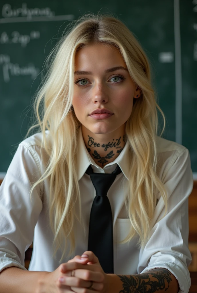a young woman sitting in what appears to be a classroom setting. He has long blond hair and wears a shirt with a tie., which adds a formal yet youthful touch to your appearance. His gaze is directed towards the viewer, with a calm and introspective expression, that together with his slightly parted lips, adds to your contemplative attitude. His most notable features include the tattoo visible on his neck, what does it say "Free Spirit" in a delicate handwriting, and ther intricate tattoo on his arm, which suggests a mix of elegance and nervousness in his character. the bottom, although slightly blurry, clearly shows traditional classroom elements, like desks and blackboards, that contrast with its modern and somewhat rebellious aesthetic. This juxtaposition evokes a sense of individuality and defiance compared to conventional environments.