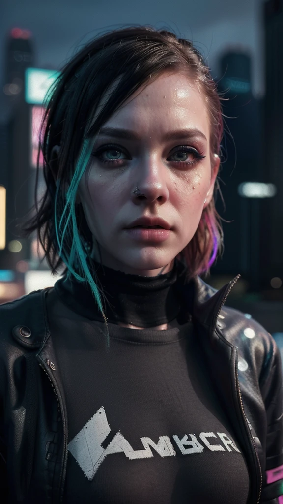 A young punk girl, short hair, winter clothes, beautiful detailed eyes, beautiful detailed lips, extremely detailed eyes and face, long eyelashes, punk outfit, cyberpunk style, neon city background, moody lighting, cinematic, vibrant colors, masterpiece, (best quality,4k,8k,highres,masterpiece:1.2),ultra-detailed,(realistic,photorealistic,photo-realistic:1.37)