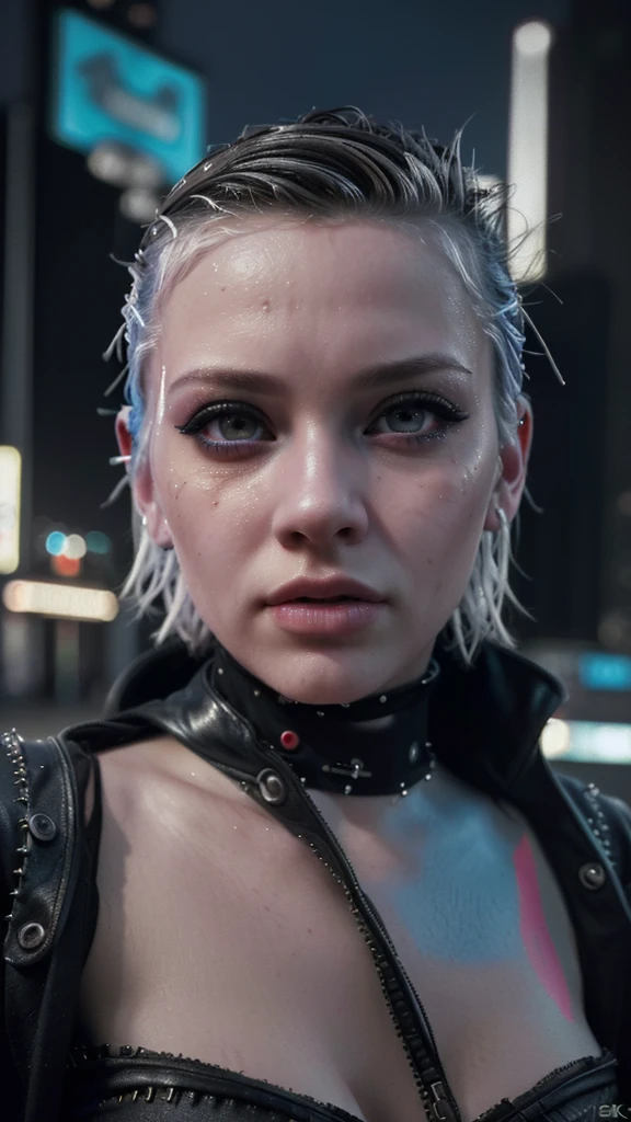 A young punk girl, short hair, winter clothes, beautiful detailed eyes, beautiful detailed lips, extremely detailed eyes and face, long eyelashes, punk outfit, cyberpunk style, neon city background, moody lighting, cinematic, vibrant colors, masterpiece, (best quality,4k,8k,highres,masterpiece:1.2),ultra-detailed,(realistic,photorealistic,photo-realistic:1.37)