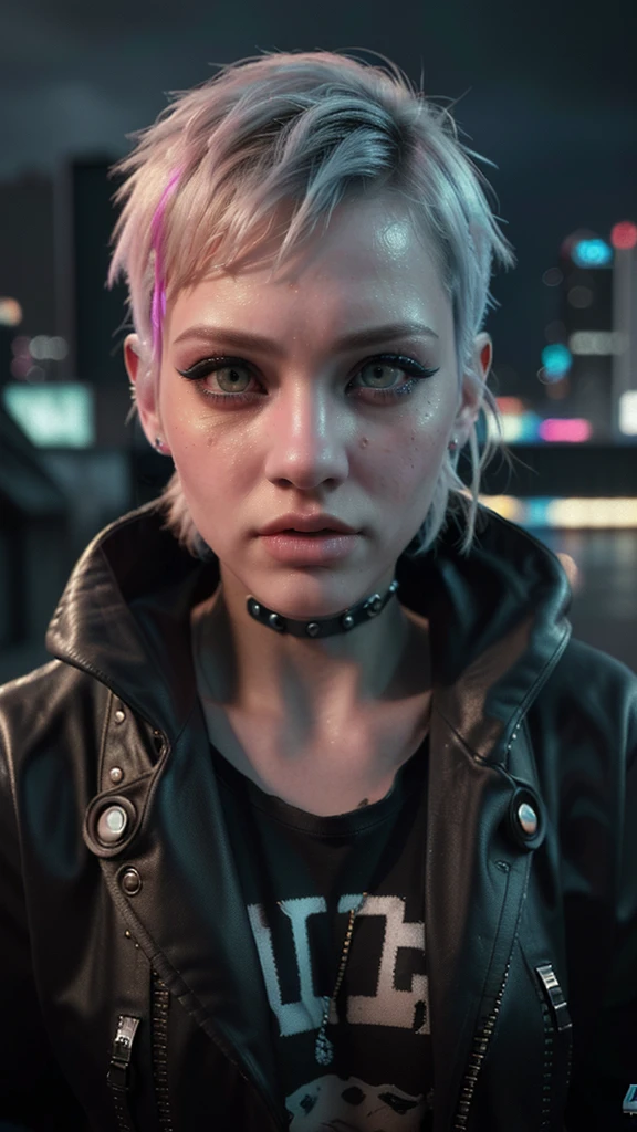 A young punk girl, short hair, winter clothes, beautiful detailed eyes, beautiful detailed lips, extremely detailed eyes and face, long eyelashes, punk outfit, cyberpunk style, neon city background, moody lighting, cinematic, vibrant colors, masterpiece, (best quality,4k,8k,highres,masterpiece:1.2),ultra-detailed,(realistic,photorealistic,photo-realistic:1.37)