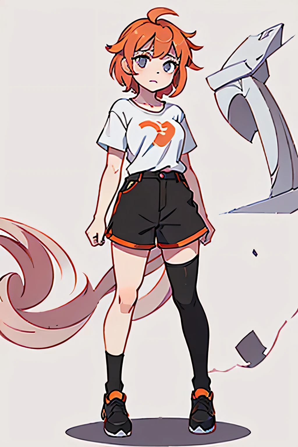 Full body image of a cute girl, 18-years old, pink eyes, short orange hair with an ahoge, wearing a loose white t-shirt that falls below the waist, She wears gray shorts and black tights. She is standing and in a neutral pose., looking seriously ahead.