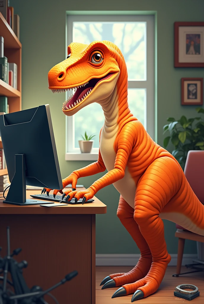 Drawing of an orange Velociraptor using a computer at home