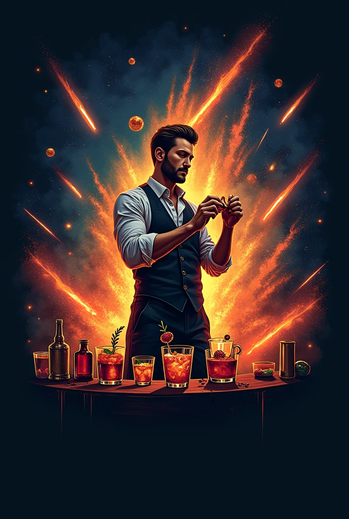 Logo of a man making drinks in the middle of a meteor storm