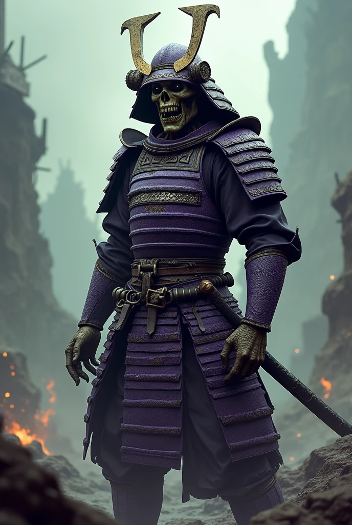 A zombie zamurai from ancient Japanese times, with green skin and a full suit including his purple helmet