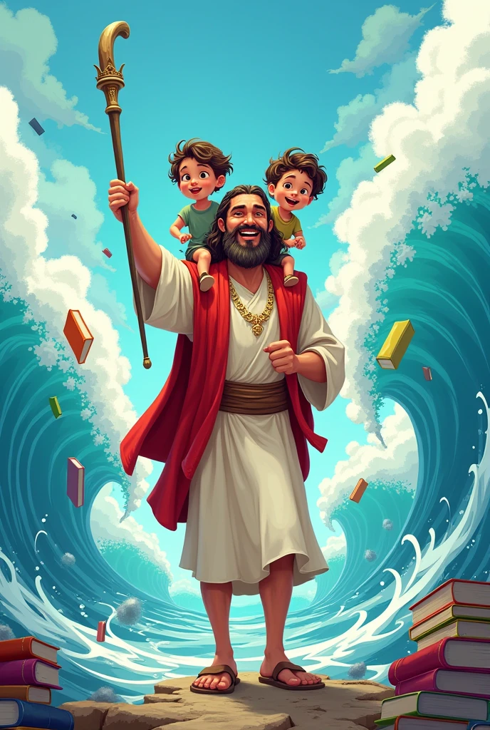 A cartoon of Moses parting the waters going to a school with two children on his back with art teaching with books flying
