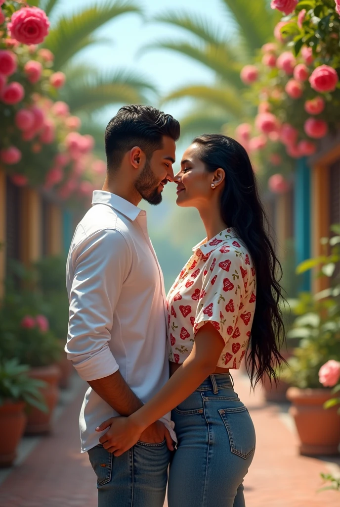 A Brazilian woman, 30years, slicked black hair, white, wearing a shirt with a heart print ,with jeans,  I walk in a flowery square with my husband, vestindo camiseta white, passionate personality 