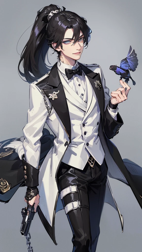 1 boy, anime, futuristic setting, elegant, fancy, tuxedo, high quality, intricate details, black bear ears, waist belt, chain accessories, pale blue eyes, panda aesthetic, butler outfit, smirk, ponytail, hairclips, pistol holster