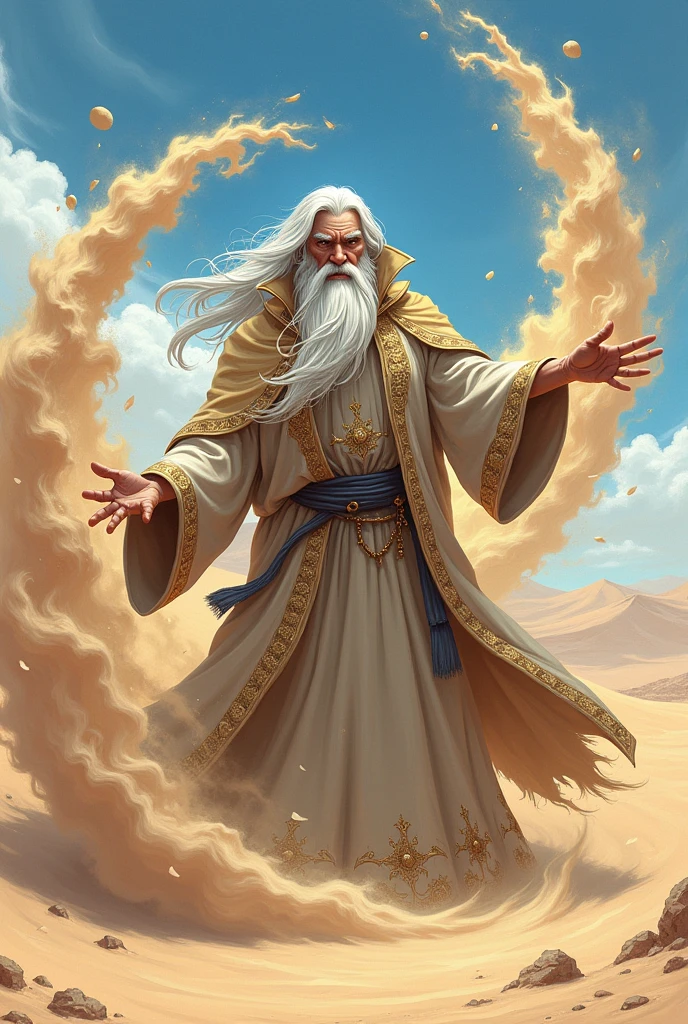 White haired wizard controlling desert sand anime