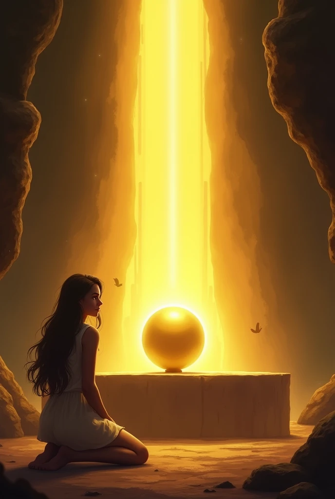 The cavern is now bathed in pure light, dispelling all darkness. Aline kneels before the altar, tired but victorious. The golden sphere rests calmly on the altar, surrounded by an aura of soothing light. Aline's face is illuminated by this light, expressing both relief and determination for what comes next.
