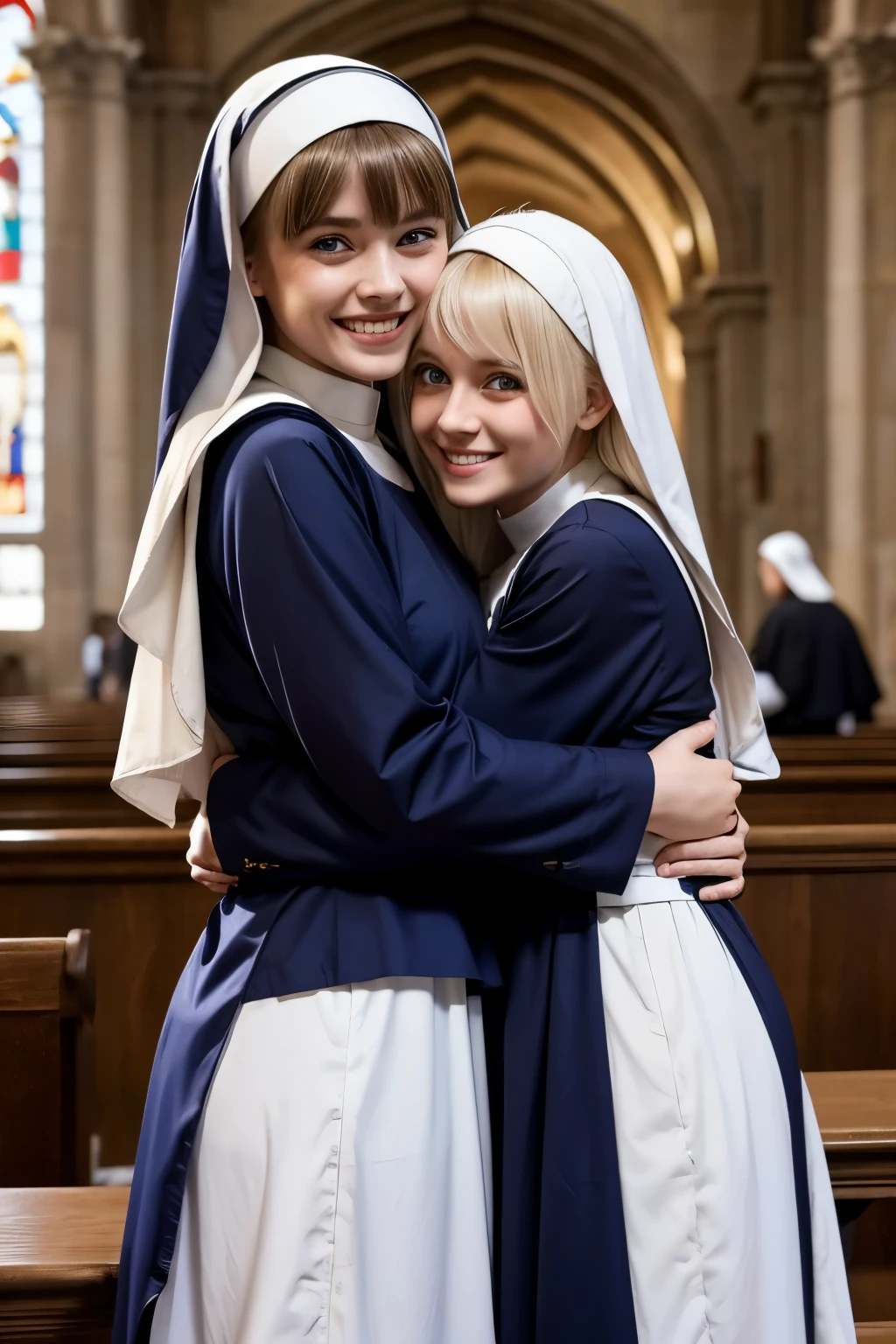 two cute french girls、Blonde Hair、With bangs、Blue Eyes、Smiling with teeth showing、Slim body、Monastic uniform、Nuns、They are hugging each other、In the church