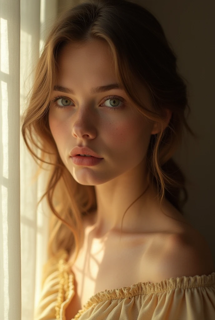((1 Russian woman)), (Read Manzanares) (Tween Model, 12 years old, young)), ethereal beauty, slim,Hard breasts, Soft Light, ((David Hamilton Style)), Close-up photo, masterpiece, 最high quality, Photorealistic, 8k, High resolution, Detailed skin, 8k ウルトラHD, Digital SLR, Soft Lighting, high quality, Film Grain, Fujifilm XT3 está sentada em uma cadeira amarela