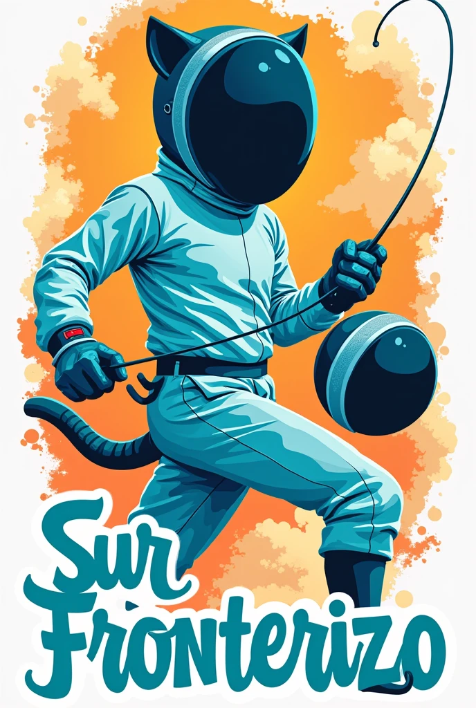 Vector illustration of a jaguar fencer, in cartoon style, and with a text that says "Sur Fronterizo" in Spanish using modern and creative typography, in turquoise blue
