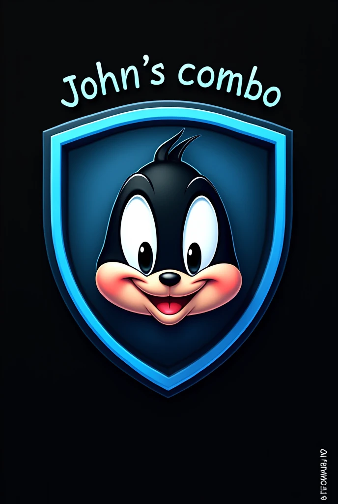 Generate a shield for a micro soccer shirt that is black with blue and has a baby looney toon that is shaped like a shield and above it has the word Jonh&#39;s combo
