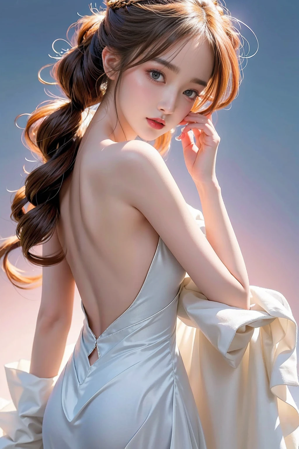 An exquisite anime-inspired high-fashion illustration of a woman standing confidently against a dark, gradient background. She wears a captivating sheer, white gown that gracefully flows, emphasizing her ethereal presence. The translucent fabric reveals her silhouette, adding depth and intrigue to the image. Dramatic lighting highlights her fair skin tone and wavy hair, which cascades down her back. Her serene expression and poised posture exude confidence and elegance. This striking artwork masterfully combines elements of conceptual art, fashion, and anime, creating a poster-worthy 3D render that is both aesthetically pleasing and inspiring.