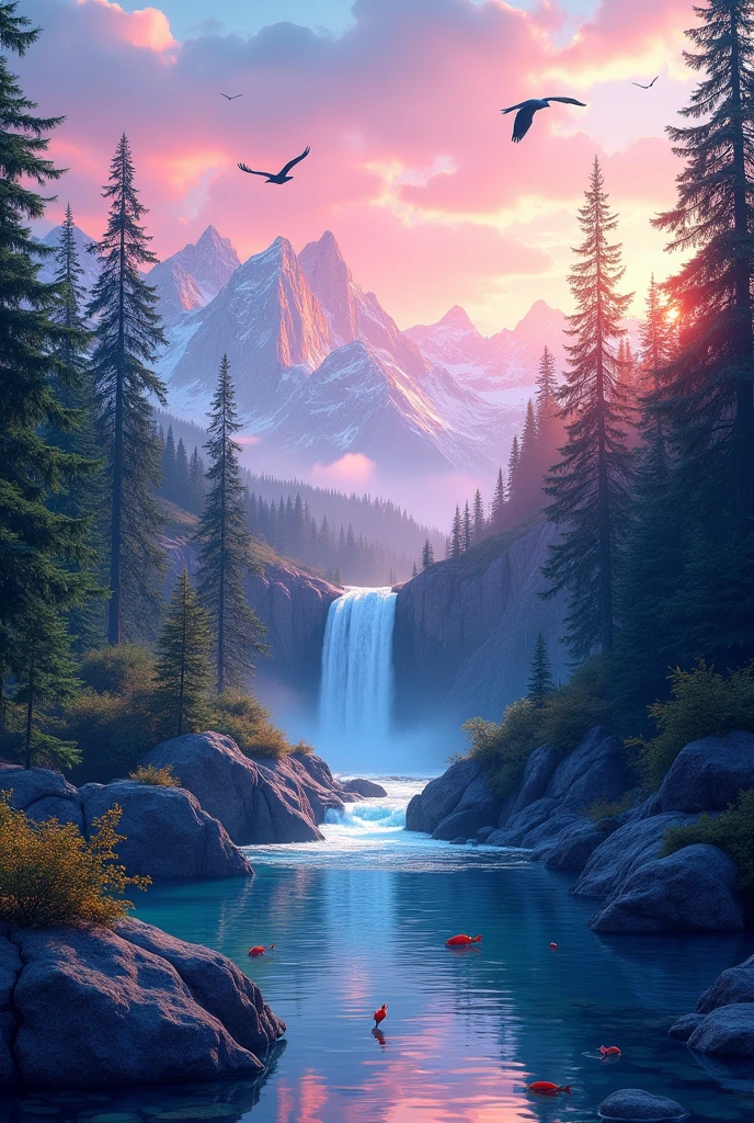 Imagine a beautiful landscape with a clear sky, pink and orange at sunset in a beautiful forest, where everything is flowing and calm. There are some birds and a river, where pine trees are reflected. The water looks clear and blue and purple, in the background there are beautiful pink mountains bathed in frost. In the scene you can also see a beautiful waterfall falling and splashing, where it is cool and there are fish. It is sunset, and the landscape looks very natural and peaceful... The image is horizontal. 