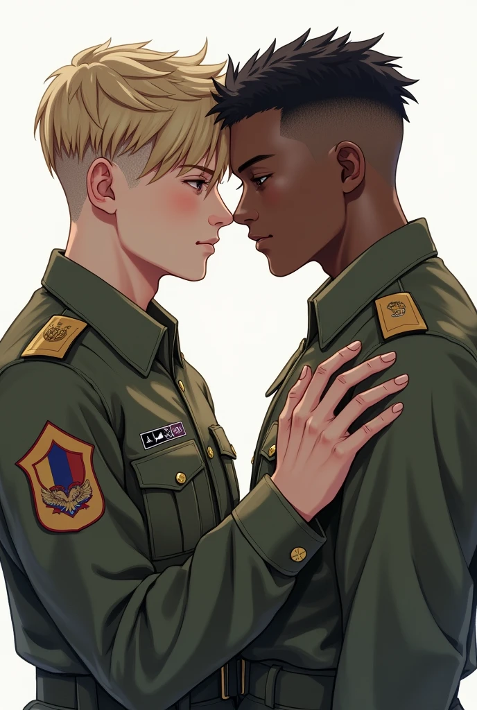 A realistic style image with two boys of about 17 or 18 years old. One of them is white and the other is black, hair of both military style, both dressed as army soldiers. They will be close to each other, almost kissing, and the background should be white, without any other details.