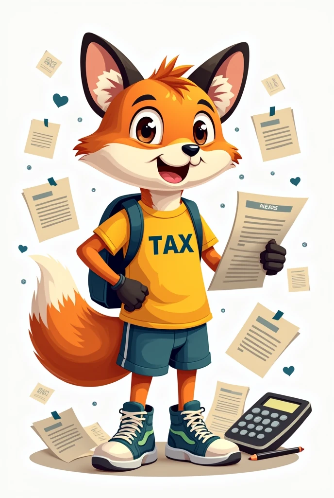 A tax education mascot in the shape of a fox in physical education clothing with papers around it and a calculator as details. Easy to draw details.
