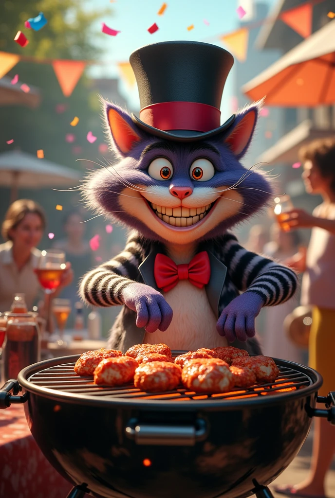 Alice in Wonderland cat smiling with top hat cooking meat on an American barbecue, in a party atmosphere with confetti and drinks