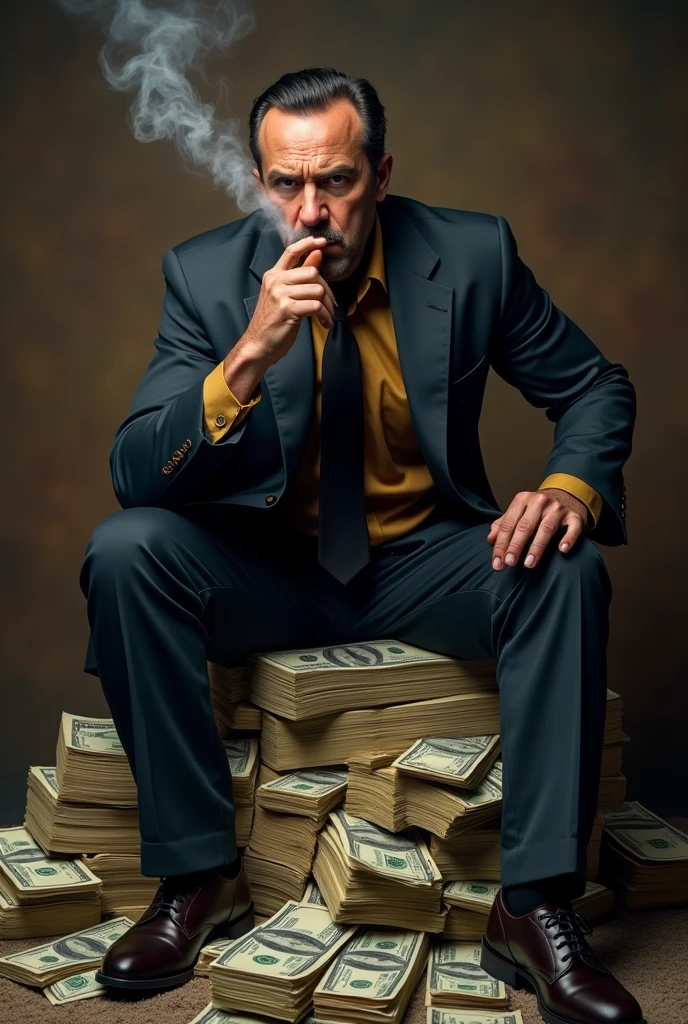 most dangerous mafia boss with evil and dangerous face holding a firearm in one of his hands sitting on a BIG, HUGE pile of money while smoking a rich cigar of the boss's henchmen next to the pile of money

