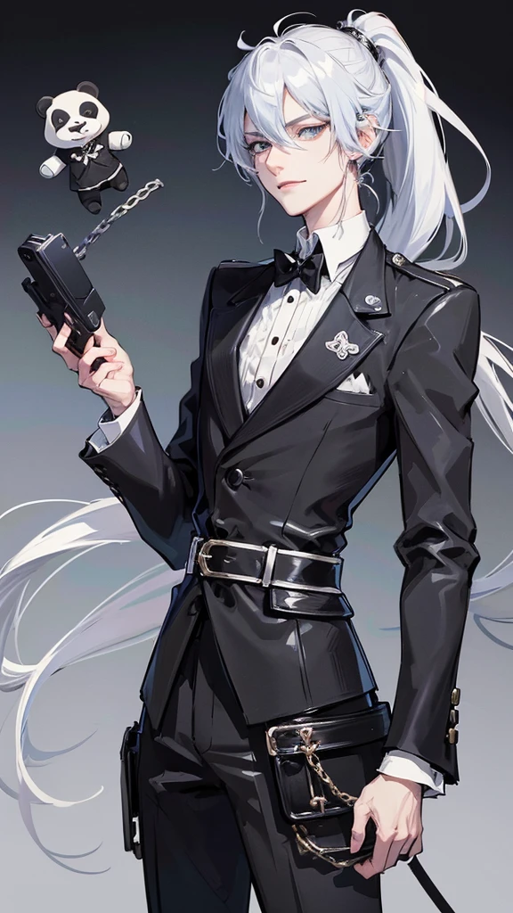 1 boy, anime, futuristic setting, elegant, fancy, tuxedo, high quality, intricate details, black bear ears, waist belt, chain accessories, pale blue eyes, panda aesthetic, butler outfit, smirk, ponytail, hairclips, pistol holster, androgynous